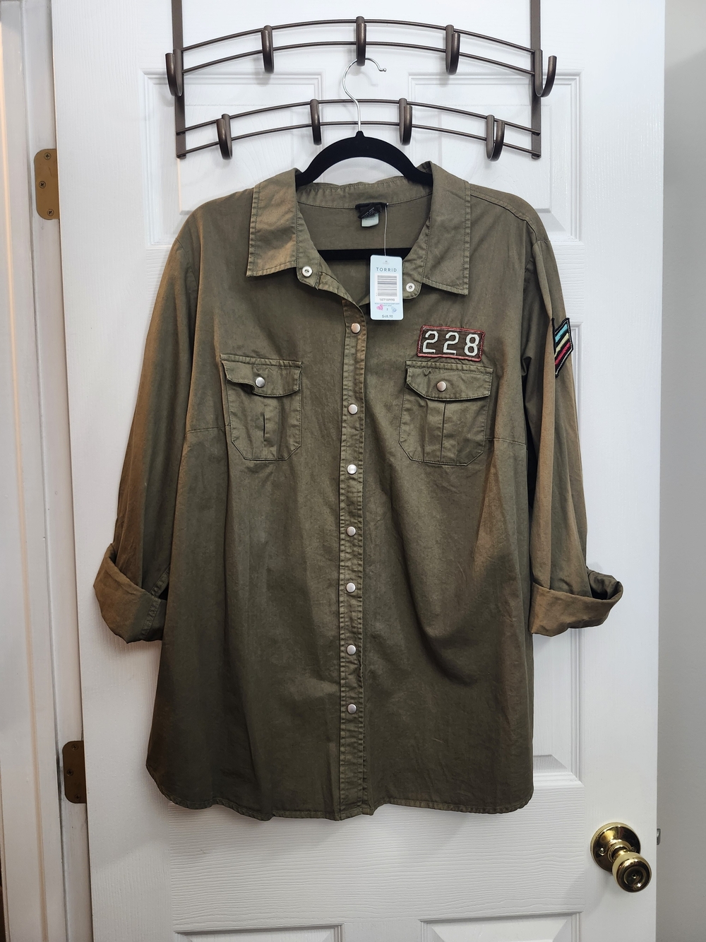 Torrid Olive Green Military Button-Front Shirt, Torrid 2 = 2X, NWT